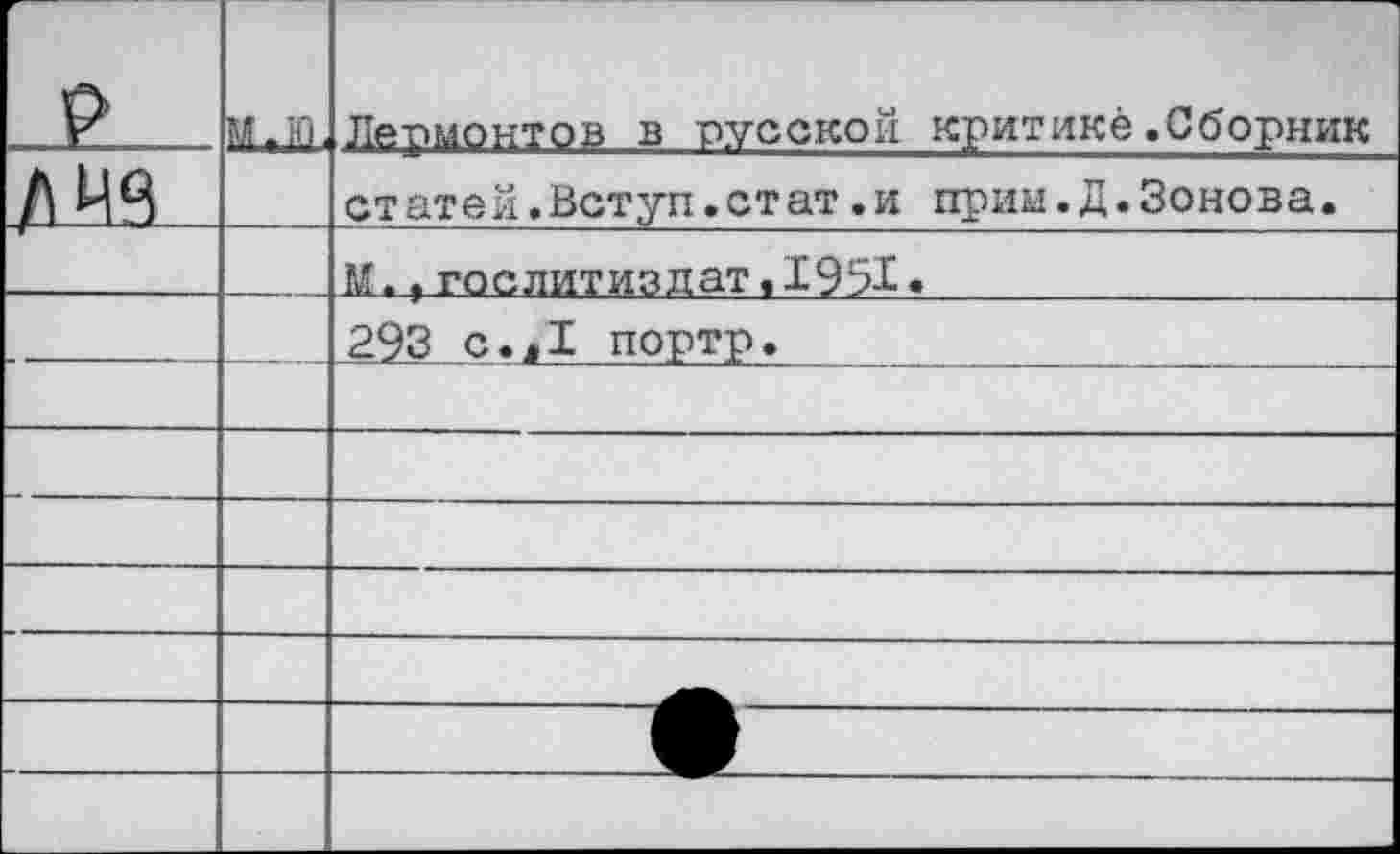 ﻿Ох. к		м.ю.	Лермонтов в русской критике.Сборник
		статей.Вступ.стат.и прим.Д.Зонова.
	—	М., Гослитиздат, 19%.	 293 с.,1 портр.			
		
		
		
		
—		—__